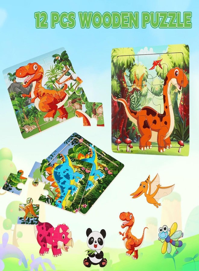 SANNIX 12 Pack Dinosaurs Animals Jigsaw Puzzles with 12 Organize Bags Wooden Dinosaurs Toddlers Puzzles for Kids Ages 3-6 Party Favors Educational Learning Travel Toys for Boys and Girls - Image 5